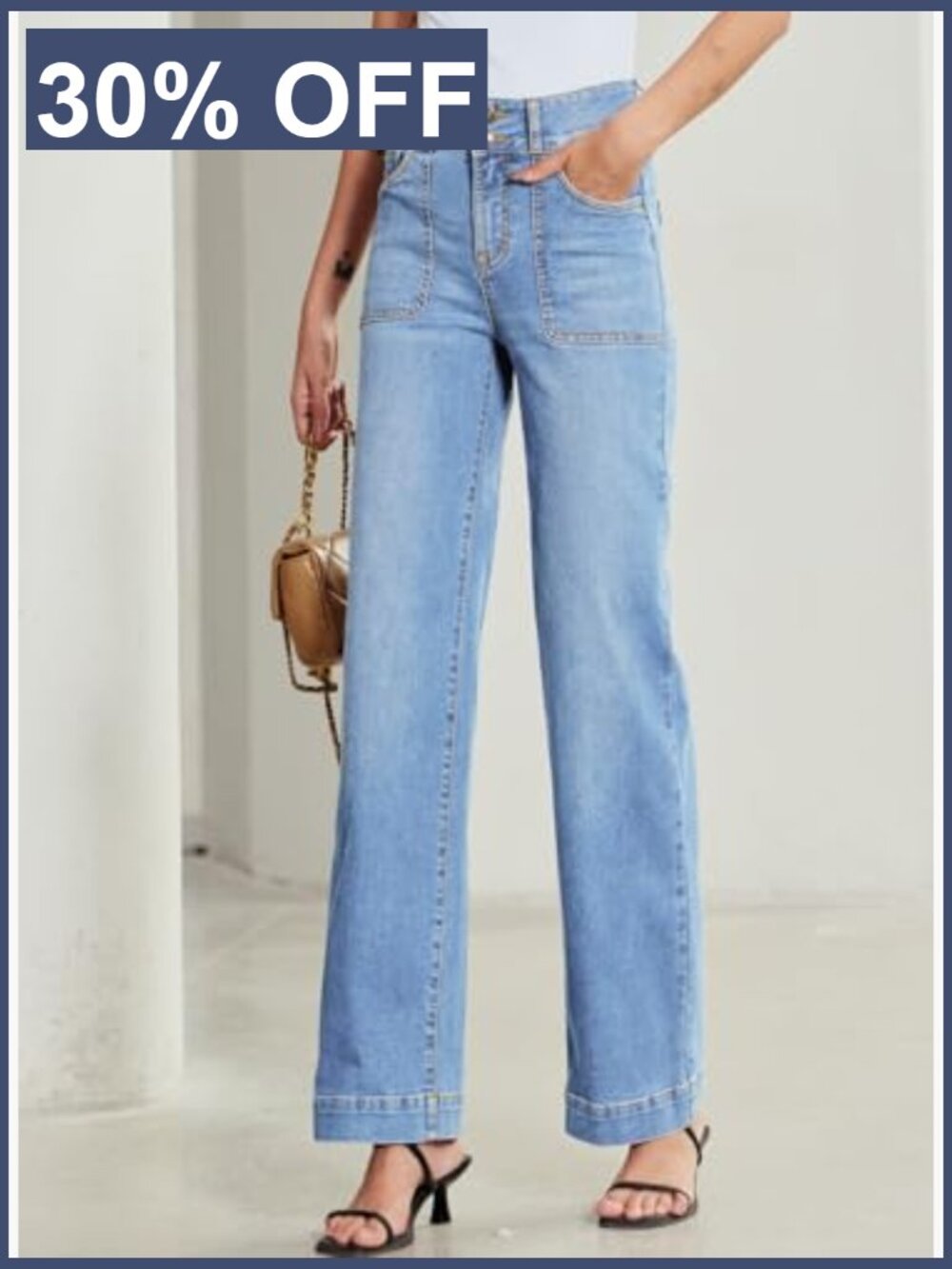 High Waisted Wide Leg Jeans Stretchy Tummy Control Straight Leg Denim Pants - Picture 3 of 7